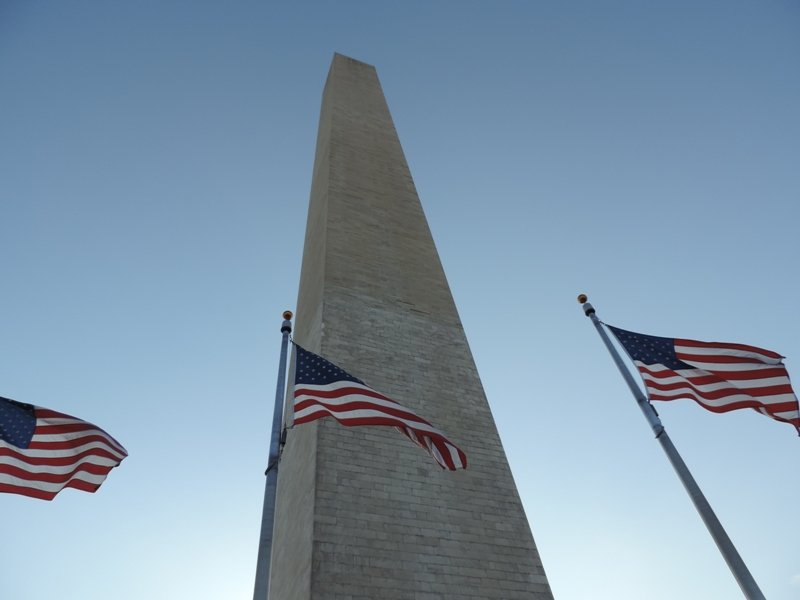 Washington Monument with flags